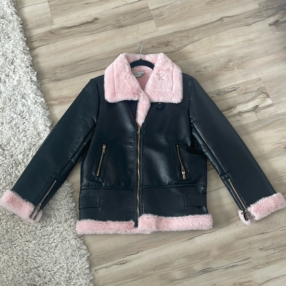 Pink Fur Trim Leather Jacket Gem